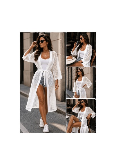 Qmen Style Kadın Plaj Bornozu Beyaz File Kumaş. Beyaz