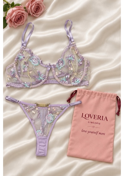 Loveria Lila Mor Çiçek Nakışlı Desteksiz Balenli Sütyen Külot Takımı Lila Lila