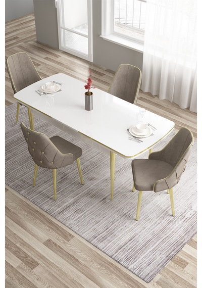 Canisa Tia Serisi 80x132 Açılabilir Mdf Beyaz Gold Detay Yemek Odası Takımı Ve 4 Cappucino Sandalye Masa Beyaz Sandalye Cappucino Canisa Tia Serisi 80x132 Açılabilir Mdf Beyaz Gold Detay Yemek Odası Takımı Ve 4 Cappucino Sandalye Masa Beyaz Sandalye Cappucino