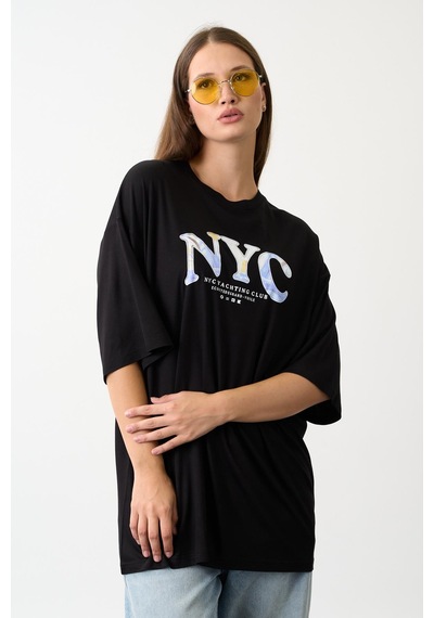 Geniş Kalıp Bisiklet Yaka Baskılı Kısa Kollu T-shirt Siyah