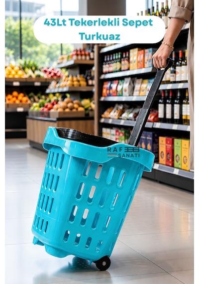 43 Lt Tekerlekli Market Sepeti Plastik Alışveriş Sepeti Ergonomik Çift Saplı Turkuaz