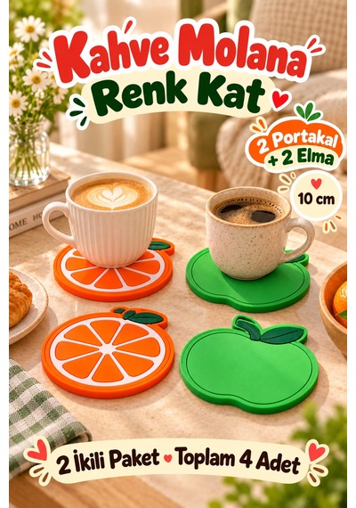 4'lü Portakal Elma Desenli Bardak Altlığı Seti 10 Cm Kahve Çay Fincan Altlığı Renkli Sunum Aksesuarı Çok Renkli