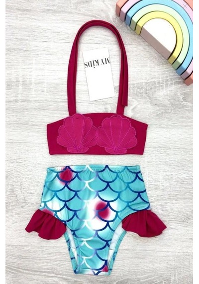 Kız Çocuk Deniz Kabuğu Desenli Bikini Takımı 2802f Fuşya