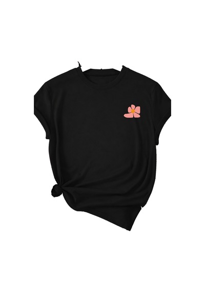 Spoyi Pastel Çiçekler Tasarımlı %100 Pamuk Yarım Oversize Siyah T-shirt
