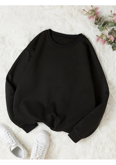 Baskısız Düz Sweatshirt - Siyah Kalın Kışlık Şardonlu Uzun Kol Oversize Bisiklet Yaka Siyah