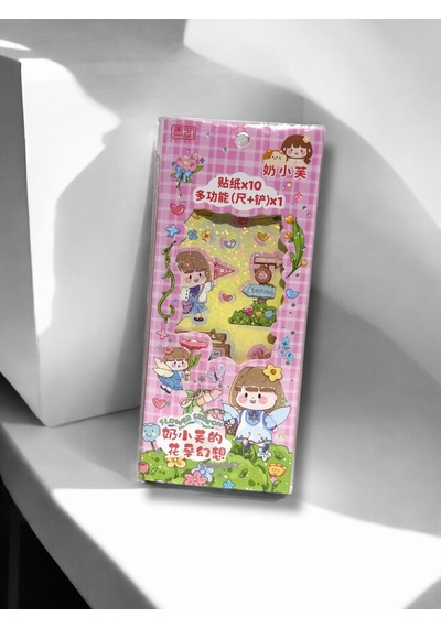 Sevimli Karakter Çiçekli Sticker Seti, 10 Yapışkanlı Etiket, Çok Amaçlı Cetvel Çok Renkli