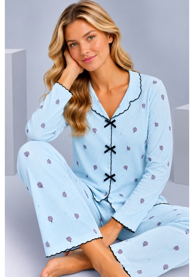 Pijamask Kadın Desenli Fiyonk Detaylı Düğmeli Uzun Kollu Müslin Pijama Takımı Mavi