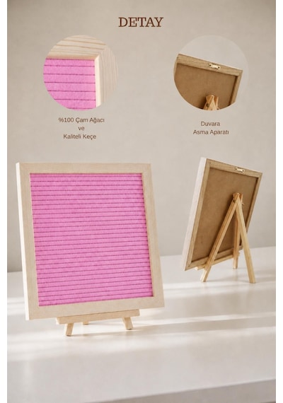 Woodart Premium Letter Board Seti, Pudra Pembe Keçe Yüzeyli Doğal Çam Ahşap Yazı Panosu Şövale Standlı Dekoratif Set