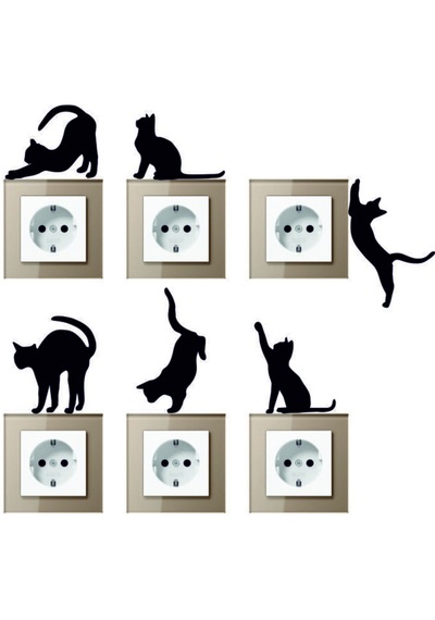 6'lı Priz Kedi Sticker Set Siyah Etiket Duvar Sticker