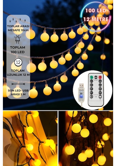 Technosmart 100 Ledli Usbli Kumandalı 8 Modlu 12 Metre Toplu Işık Parti Süsleme Organizasyon Sarı