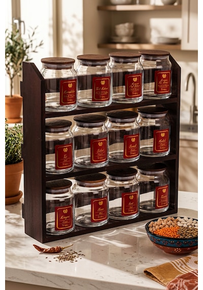 Velar - Standlı Baharatlık Takımı Saklaba Kabı Seti 3 Katlı Bambu Standlı Organizer 290 Ml Kahverengi
