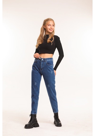 Pass&Pass 2006 Kadın Likrasız Mom Jeans Kot Denim Pantolon Kar Yıkama