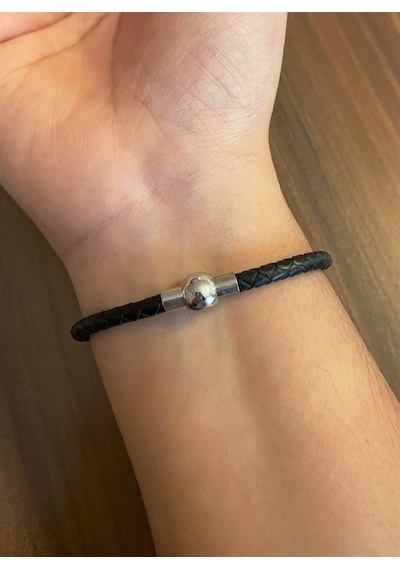 Unisex Çivi Model Gümüş Detay Siyah Bileklik