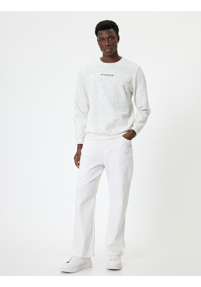 Koton Slogan İşlemeli Sweatshirt Dokulu Bisiklet Yaka Uzun Kollu Beyaz 5wam70031mk Beyaz