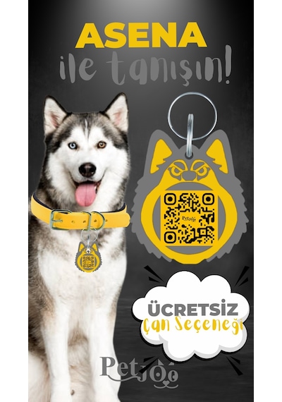Petjoo 25.Asena Gri-Sarı Qr'lı Köpek Künyesi