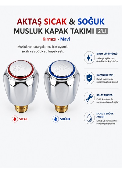 Aktaş Sıcak Soğuk Musluk Kapak Takımı Kırmızı Mavi 2 Li 2 Adet
