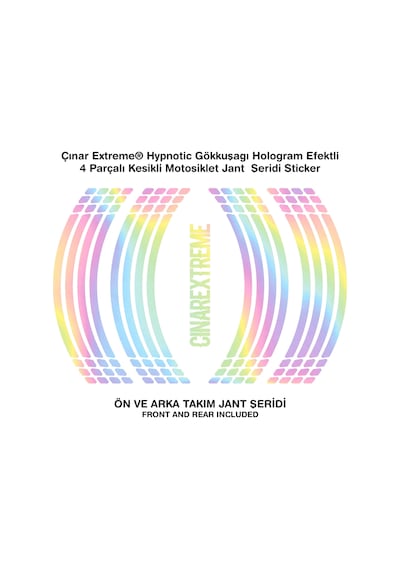 Çınar Extreme Hypnotic Gökkuşağı Hologram Efektli 4 Parçalı Kesikli Motosiklet Jant Şeridi Sticker