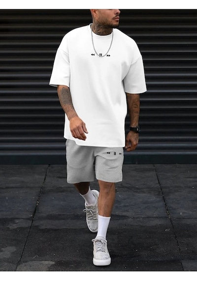 Gri Şort Beyaz Tişört Takım Play Baskılı Oversize Unisex Gri Şort - Beyaz Tişört-276426