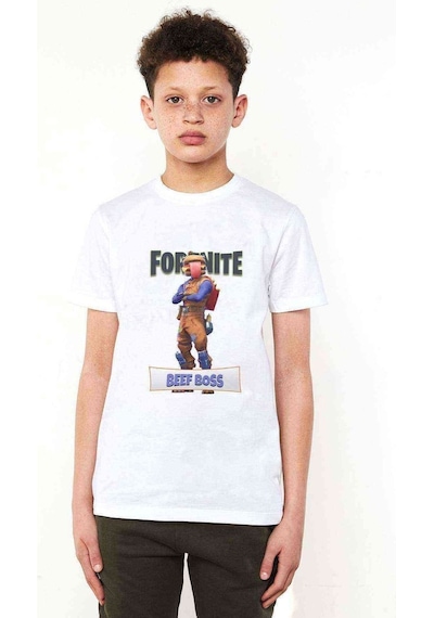 Tshirthane Beef Boss Fortnite Baskılı Unisex Çocuk Beyaz T-Shirt