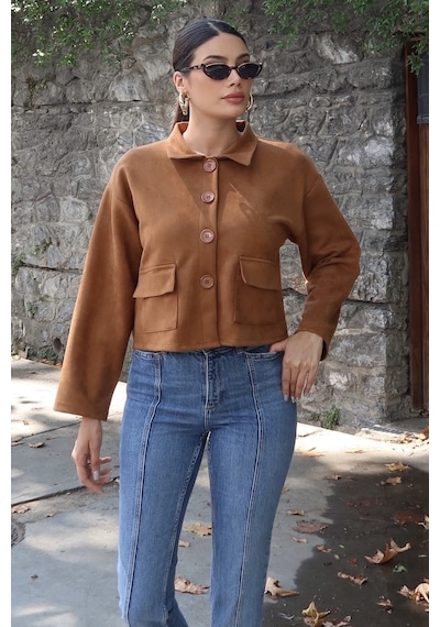 Kechi Woman Süet Kumaş Düğmeli Cepli Ceket Taba