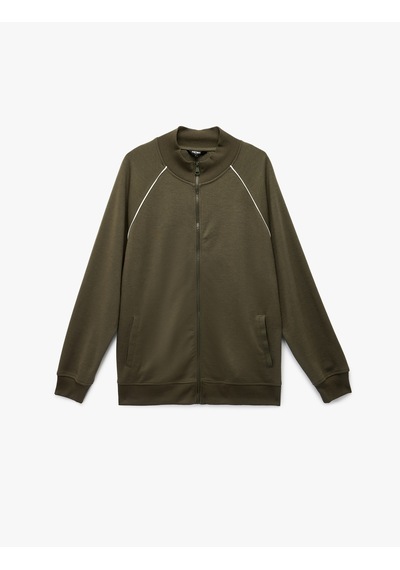 Koton Uzun Kollu Çizgi Detaylı Cepli Pamuklu Dik Yaka Fermuarlı Sweatshirt Haki 6wam70088mk