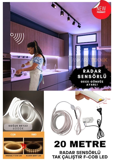 Ankara Teknik Sensörlü Beyaz Renk F- Cob Neon Led / Yüksek Lümen/ Dolap Alcıpan Tavan Led 20 Metre