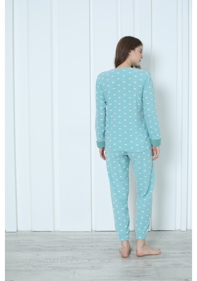 Wordex Fawn 5006 Peluş Welsoft Polar Kışlık Yumoş Kadın Pijama Takımı Uyuyan Kedili Yeşil