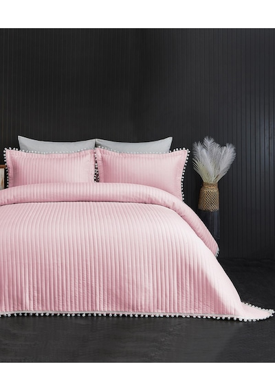 Evlen Home Collection Ponponlu Çift Kişilik %100 Pamuk Yatak Örtüsü Pike Takımı Pudra