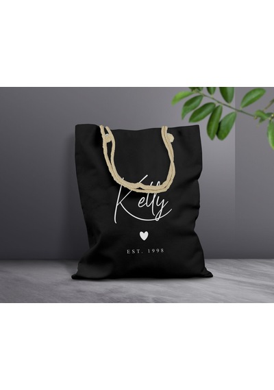 Bk Gift Kişiye Özel İsimli Tarihli Siyah Halat Saplı Kumaş Bez Çanta-1, Baskılı Omuz Çantası, Alışveriş Çantası, Arkadaşa Hediye Fuşya