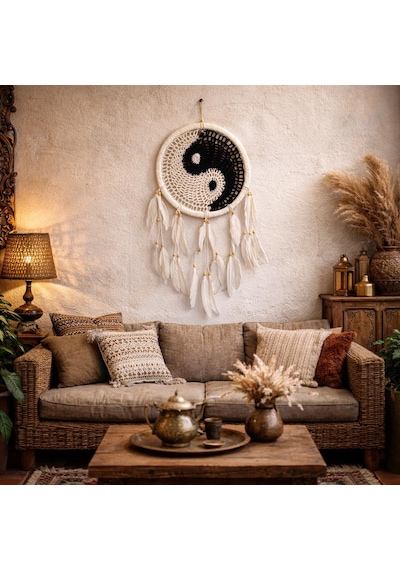 Yin Yang Rüya Kapanı Duvar Süsü El Yapımı Makrome Dreamcatcher Bohem Duvar Dekoru Tüylü Bambu Kasnak Ev Dekorasyonu 73446386