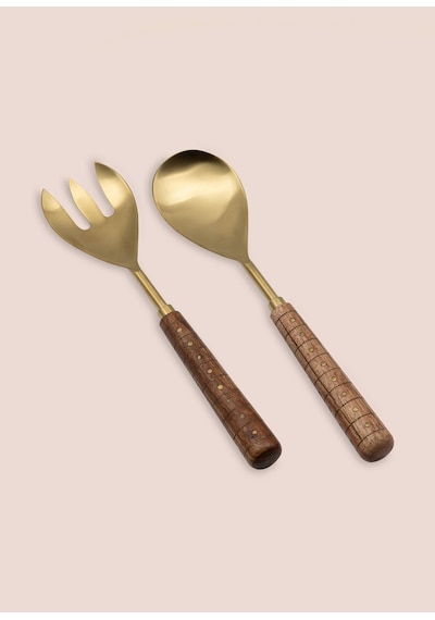 The Mia Wood Salata Servis Takımı 2 Parça Gold