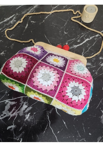 Fikriharika Design Gökkuşağı Motifli ,ahşap Burslu, Kadın El Çantası, Çok Renkli Bej - Çok Renkli
