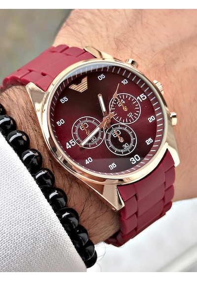 Premium Tasarım Silikon Kordon Exclusive Serisi Metal Kasa Erkek Kol Saati-bileklik Hediyeli Bordo