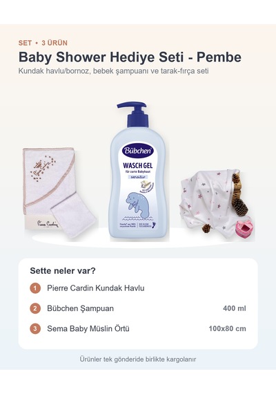 Baby Shower Hediye Seti 3 Parça: Kundak Havlu + Şampuan + Müslin Örtü - Pembe 400 Ml