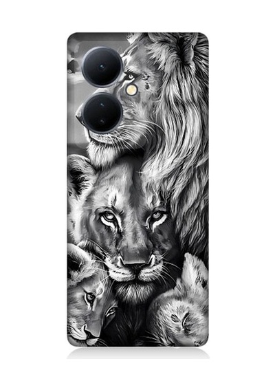 Vivo V29 Lite Uyumlu Siyah Beyaz Aslan Ailesi Desenli Silikon Kılıf