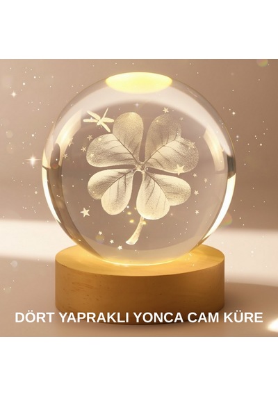 Depomıx Bitki Temalı Led Işıklı Cam Küre Ahşap Standlı Modern Gece Lambası