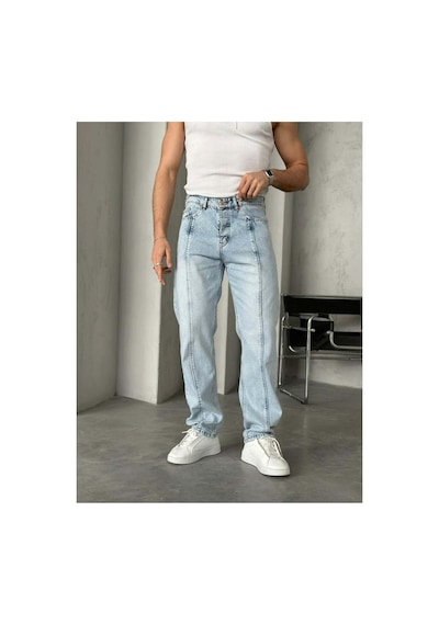 More Black Tasarım Kar Yıkamalı Dikişli Baggy Pantolon Mavi