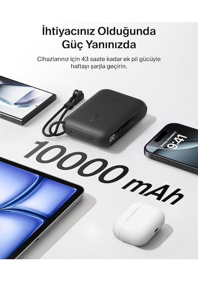 Belkin Bpb027hqbk Boostcharge 10.000 Mah 20w Usb-c Powerbank Dijital Göstergeli Taşınabilir Şarj Cihazı - Siyah