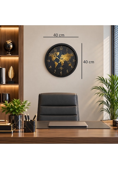 Altın Atlas Dünya Haritalı 40 X 40 Cm Siyah Metal Duvar Saati