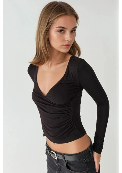 Hiccup Yumuşak Dokulu Slim Fit V Yaka Uzun Kollu Üst Siyah