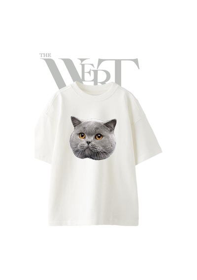 Thewert Britanya Kedisi Tasarım Baskılı Ünisex Beyaz Oversize T-shirt