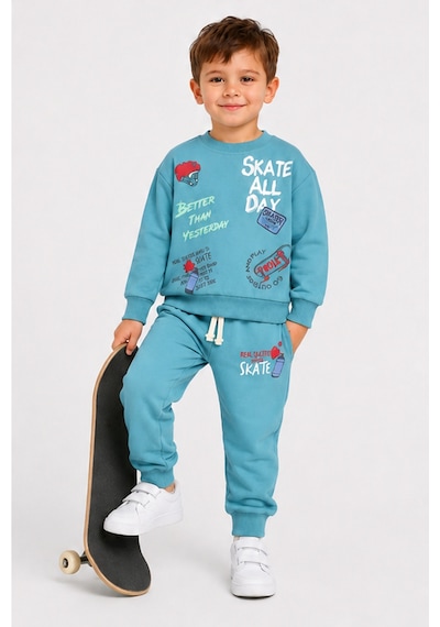Ahengim Erkek Çocuk Kaykay Baskılı Sweatshirt Eşofman Altı 2 Li Takım 1-4 Yaş Ak115 Yeşil