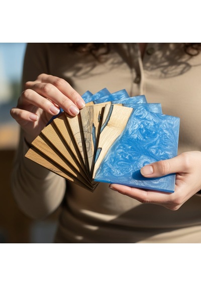 Ceviz & Turkuaz Epoksi Bardak Altlığı Seti 6 Lı, El Yapımı Ceviz Ahşap, 12x12 Cm, Modern & Şık Tasarım Turkuaz