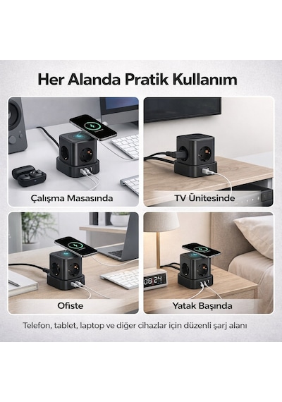 4'lü Priz Küp Çoklayıcı 2 Usb 2 Type-c 5w Kablosuz Şarjlı 2 Metre Kablolu Akım Korumalı Priz 1 - 3 M