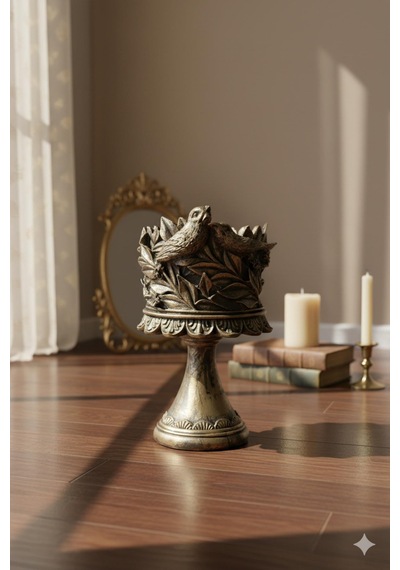 Dekoratif Polyester Kuşlu Ayaklı Şamdan Mumluk Gold Eskitme 23x11x10 Cm Çok Renkli