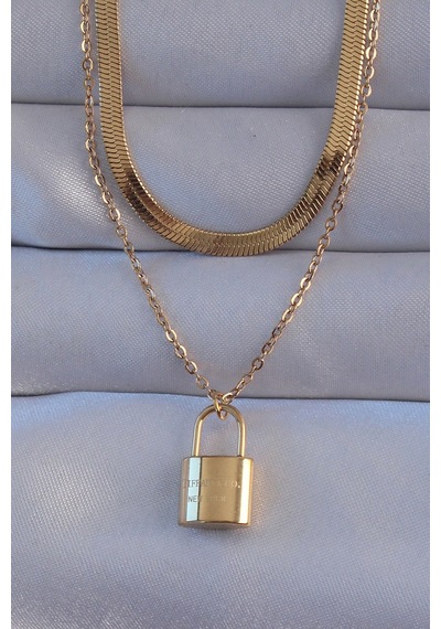 Ezoconcept 316l Çelik Gold Renk Çift Zincir Kilit Model Kolye