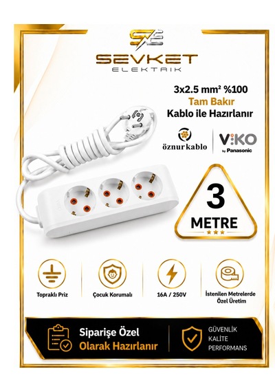 Viko 3'lü Grup Priz 3 Metre Beyaz 3x2,5 Kalın Kablolu Uzatma Kablosu 3 M