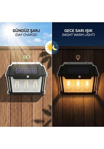Panther Pt-2933 3lü Solar Led Duvar Lambası - Sarı Işık Ve Hareket Sensörlü Bahçe Aydınlatması