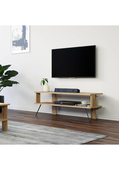 Duama TV Sehpası – Metal Ayaklı, Açık Raflı Tasarım, 120 cm, Antik Ceviz