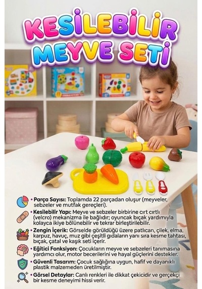 Kesilebilir Meyve Ve Sebzeler 22 Parça Cırt Cırt Mekanizmalı Eğitici Oyuncak Mutfak Seti 1